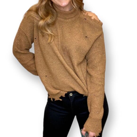ZENANA DEEP CAMEL CUTOUT TURTLENECK DISTRESSED SWEATER NWT MULTIPLE SIZES - Picture 1 of 8